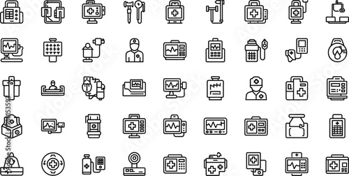 Healthcare and medical equipment line icon set featuring hospital diagnostics treatment minimal outline vector collection