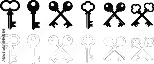 Collection of black and white silhouette of vintage keys, some crossed antique