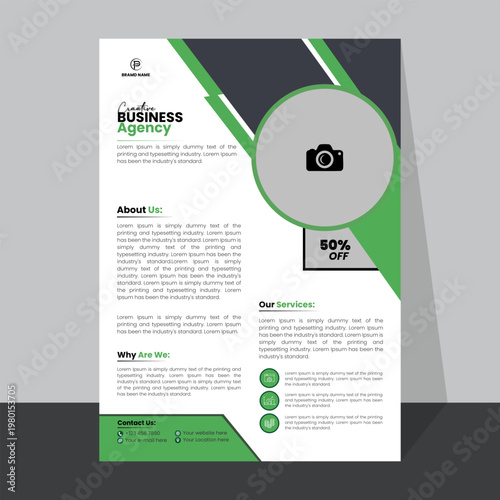 Geometric business agency flyer template with vibrant lime green stripes and circular image frame for branding.