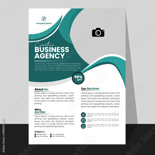 Professional business agency brochure with emerald green curve design featuring corporate services and contact.
