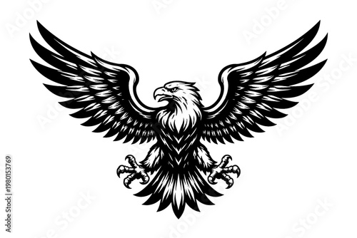 Majestic Bald Eagle Vector Illustration in High Contrast Black and White Ink Style with Spread Wings and Sharp Talons, Perfect for Heraldic Emblems, Sports Mascots, Tattoos, and Vintage Logos.