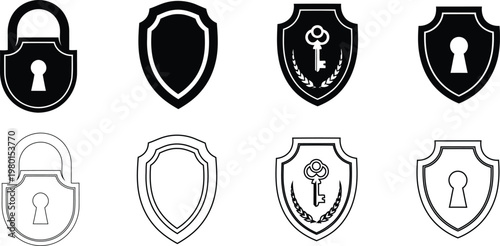 Collection of black and white shield and lock with key and keyhole symbols security