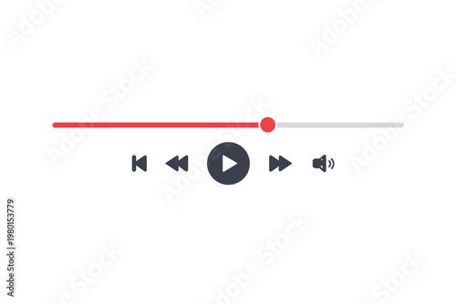 Media Player Interface Icon Set with Playback Controls and Progress Bar, Simple Flat Vector Illustration for Video and Music Apps, UI UX Design Elements for Web and Mobile Streaming Platforms