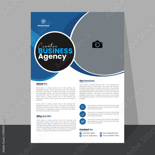 Modern business agency flyer template with blue circular elements and professional layout for marketing ideas.