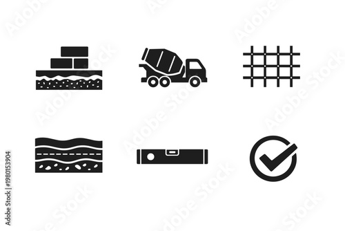 Set of Black Construction Industry Icons Featuring Foundation Blocks, Concrete Mixer Truck, Steel Rebar Mesh, Soil Layer Cross-Section, Spirit Level Tool, and Quality Control Checkmark Symbol