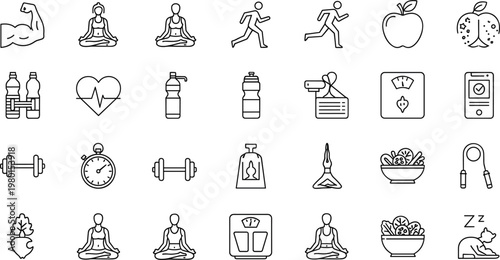 Healthy lifestyle and fitness line icon set featuring exercise nutrition meditation minimal outline vector collection