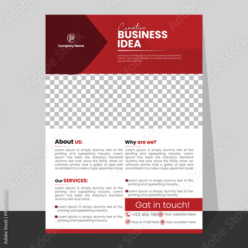 Creative business idea flyer with red abstract background and modern design elements.