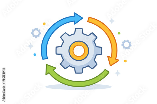 Settings Gear with Circular Arrows Representing Automation Process and System Updates, Workflow Optimization, Software Maintenance, and Technology Synchronization, Simple Flat Vector Illustration.