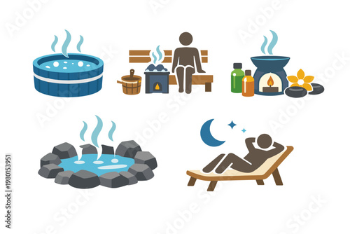 Spa and Wellness Icon Set Featuring Hot Tub, Sauna with Person, Aromatherapy Essential Oils and Candle, Natural Hot Springs Onsen, and Relaxation on Lounge Chair Flat Vector Illustration