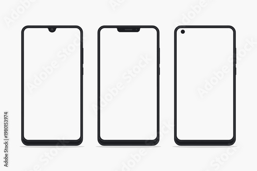 Three modern smartphone vector mockups showcasing various screen notch and front camera display designs like waterdrop, wide notch, and hole-punch for mobile app UI UX design and presentation.