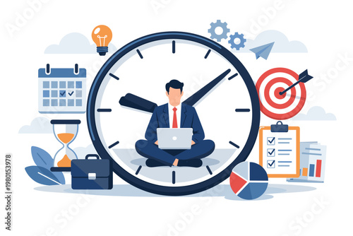 Professional Businessman Working on Laptop Inside a Giant Clock for Time Management Concept with Productivity Icons like Calendar, Hourglass, Target, Checklist, and Business Data Charts.