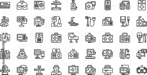 Healthcare medical equipment and hospital service line icon set featuring diagnostics treatment minimal outline vector collection