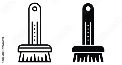 Cleaning brush icon set featuring outline and solid styles for household maintenance hygiene sanitation housework equipment tool graphic design elements