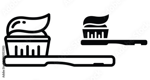 Toothbrush with toothpaste icon set in outline and solid black style for dental hygiene oral care morning routine cleaning symbols