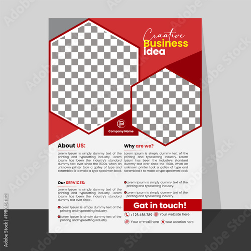 Red business flyer template with abstract shapes and space for images and text.