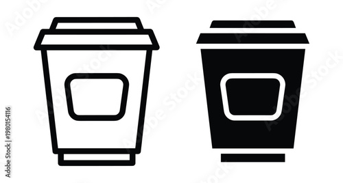 Coffee cup icon set featuring outline and solid black disposable paper takeaway mugs for cafe beverage service and morning caffeine