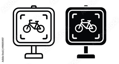 Bicycle sign icon set with outline and solid versions for traffic navigation cycling lane parking and urban transportation symbol design