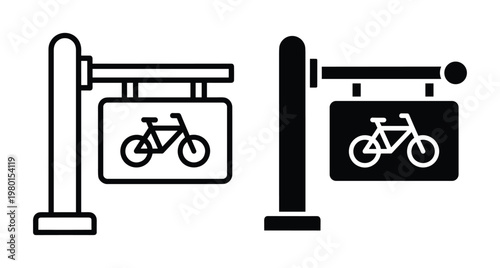 Bicycle parking sign icon set with outline and solid versions for urban cycling infrastructure wayfinding navigation and street traffic information
