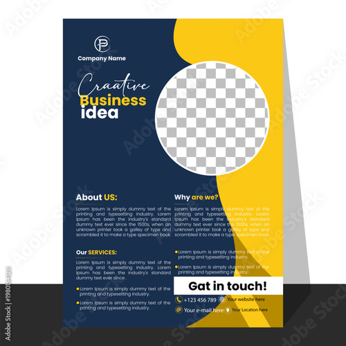 Dark blue business flyer with yellow accents and circular image space for promotion.