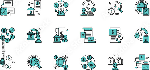 Global finance and digital payment line icon set featuring currency exchange banking transfers international trade and fintech services