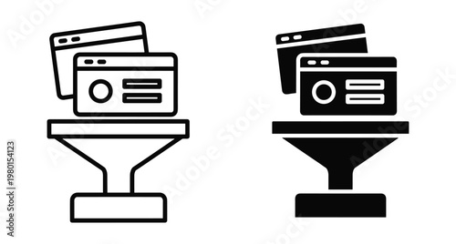 Web data filtering funnel icon set with browser windows representing digital marketing conversion traffic analysis and information processing symbols