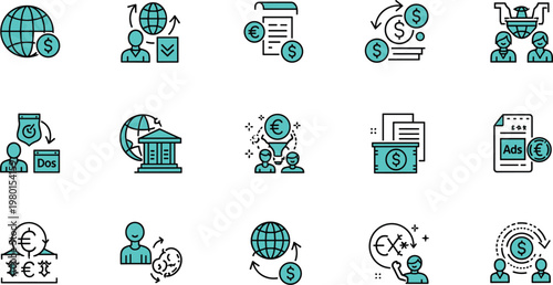 Global finance and international payment line icon set featuring currency exchange banking transfers and digital economy