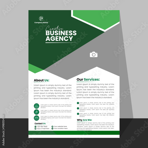 Corporate business flyer template with green geometric layout for agency promotion and marketing information.