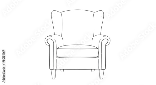 A simple line drawing depicts a classic wingback armchair showcasing its comfortable and inviting form