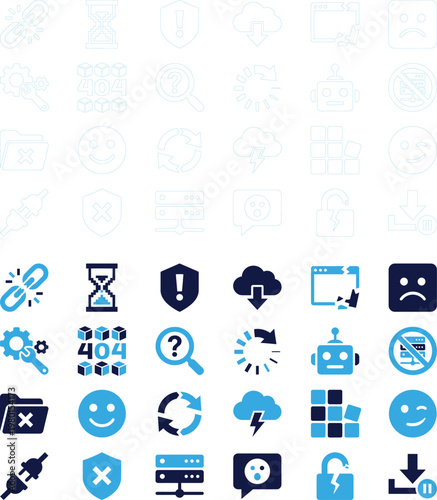 Website error and notification icons set in blue and white technology problems.