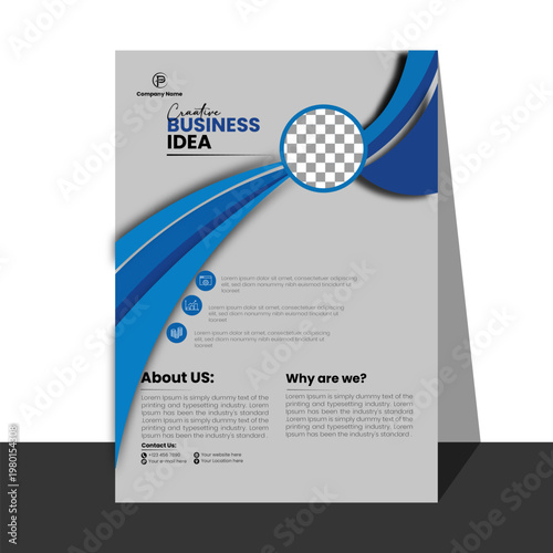 Modern business flyer with abstract blue waves and icons for corporate communication.