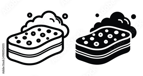 Sponge icon set with soap bubbles for cleaning washing hygiene household chores dishwashing bathroom laundry maintenance service graphic design elements