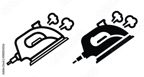 Steam iron icon set with outline and solid silhouette styles for laundry service household appliance clothing care and domestic chores
