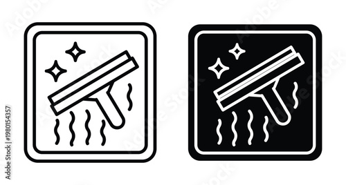 Window cleaning squeegee icon set showing glass wiper tool with sparkles and steam for hygiene maintenance and professional housekeeping services