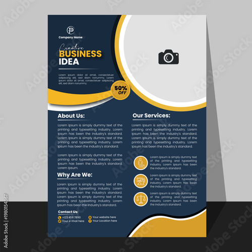 Professional dark blue and yellow business flyer template with elegant wavy layout for corporate branding use.