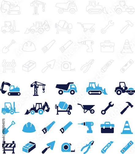 Collection of construction and industrial vehicle icons in blue and white.