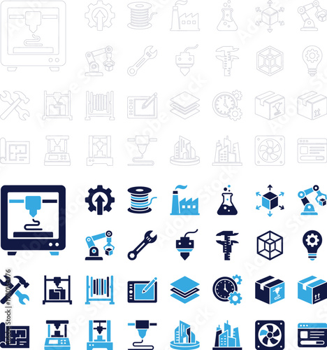 Modern set of blue and white icons for 3d printing manufacturing and industry.