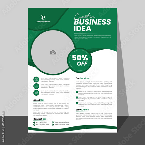 Creative business idea poster with 50 percent off discount and services information.