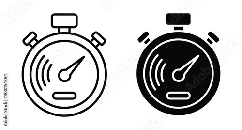 Stopwatch icon set featuring outline and solid versions for time management tracking speed measurement and countdown sports performance monitoring tools