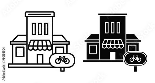 Bike shop building icon set with storefront awning and bicycle parking sign for urban cycling infrastructure and retail business services