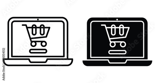 Laptop computer with shopping cart icon on screen representing online store digital commerce electronic retail business and internet marketplace transactions