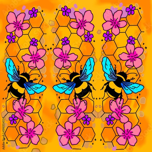 Black & Yellow Bees with Bright Blue Wings on Flowers Drawing