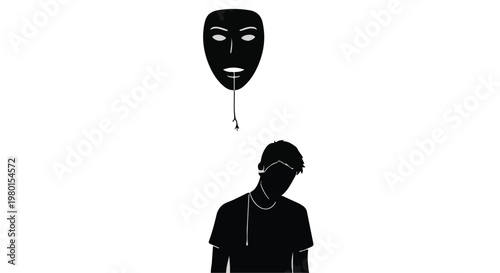 person with theatrical mask floating above head