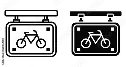 Bicycle hanging sign icon set with outline and solid versions for bike shop rental parking or cycling path information board