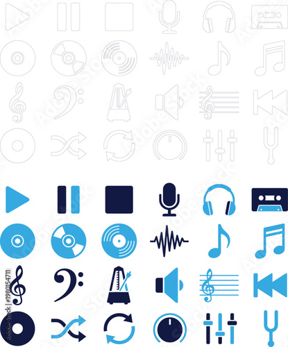 Collection of music icons in blue and white, simple modern digital art.