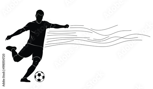 A dynamic illustration depicts a soccer player in mid kick with sweeping lines suggesting motion and a soccer ball nearby presented as a silhouette