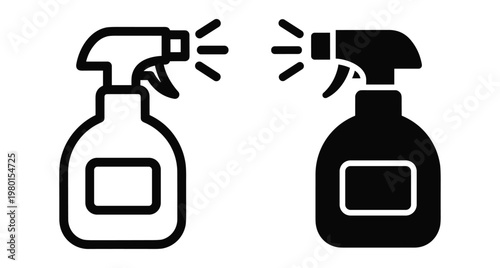 spray bottle icon set with outline and solid black versions for cleaning disinfectant sanitizer liquid spray nozzle trigger bottle design