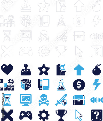 Pixel art game icons in blue and dark blue, retro digital style.