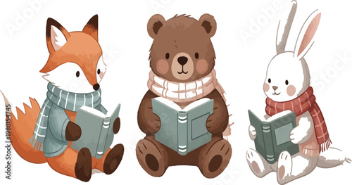 Whimsical woodland friends enjoying a cozy reading session together Vector