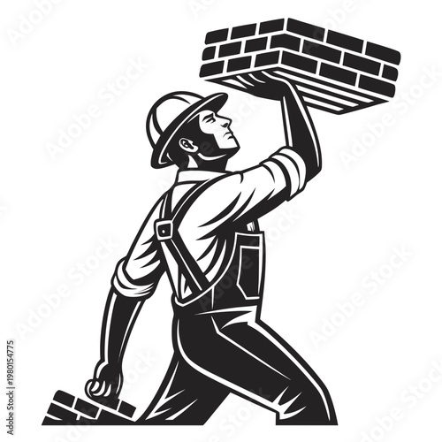 A black and white vector illustration of a construction worker carrying bricks