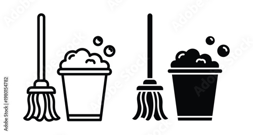Cleaning service icons set featuring mop and bucket with soap bubbles in outline and solid black silhouette vector style